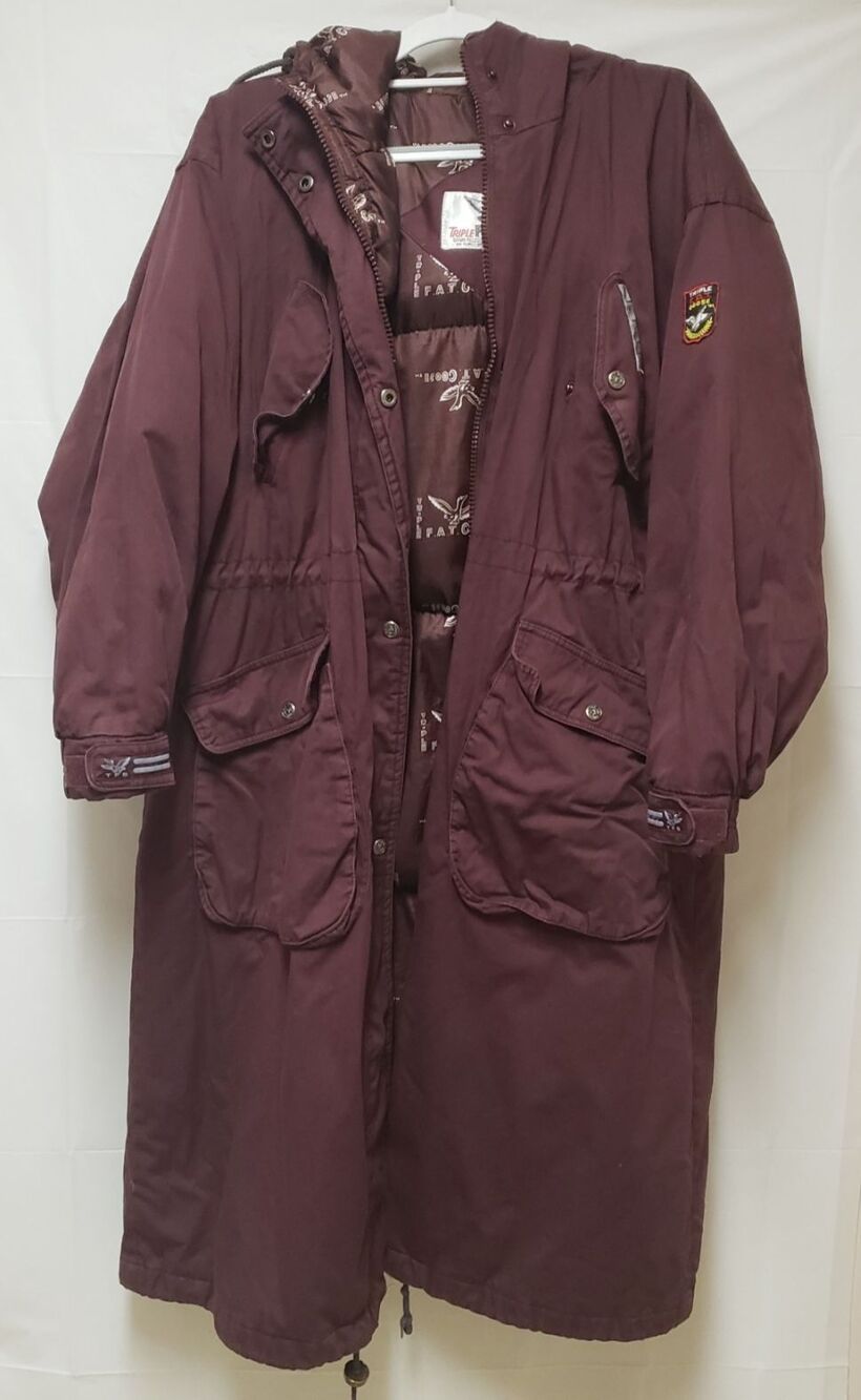 Men's Triple F.A.T Goose Burgundy Hooded Winter Down Jacket Sz L PO Excellent